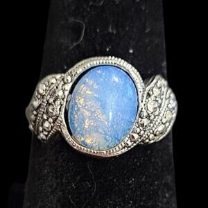 Vintage Blue Opal Cabochon Ring Silver Tone Marcasite Style Size 8